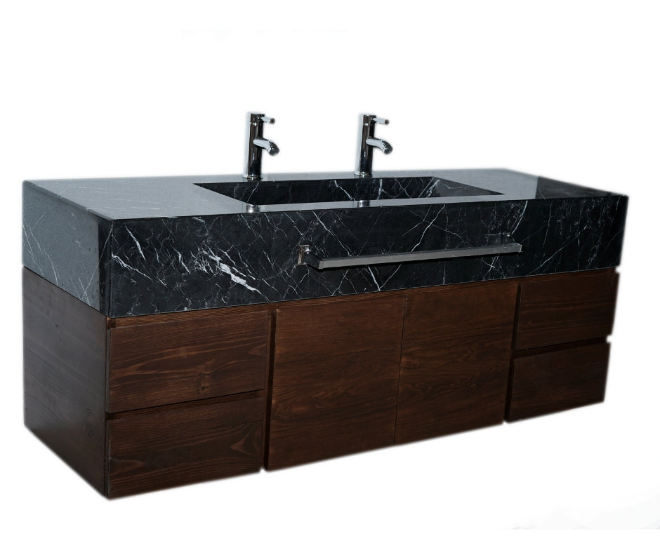 Double Sink Bathroom Vanity in solid wood with Marble Countertop.  Includes 2 Faucet, Wooden Shelf and Wooden Vanity.