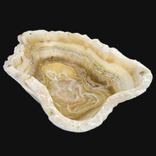 Load image into Gallery viewer, A polished Honey Onyx Stone Bowl with natural white and honey onyx patterns, displayed against a dark background.
