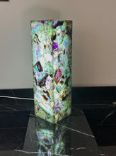 Load image into Gallery viewer, Decorative lamp with a colorful, textured design on a black marble surface.
