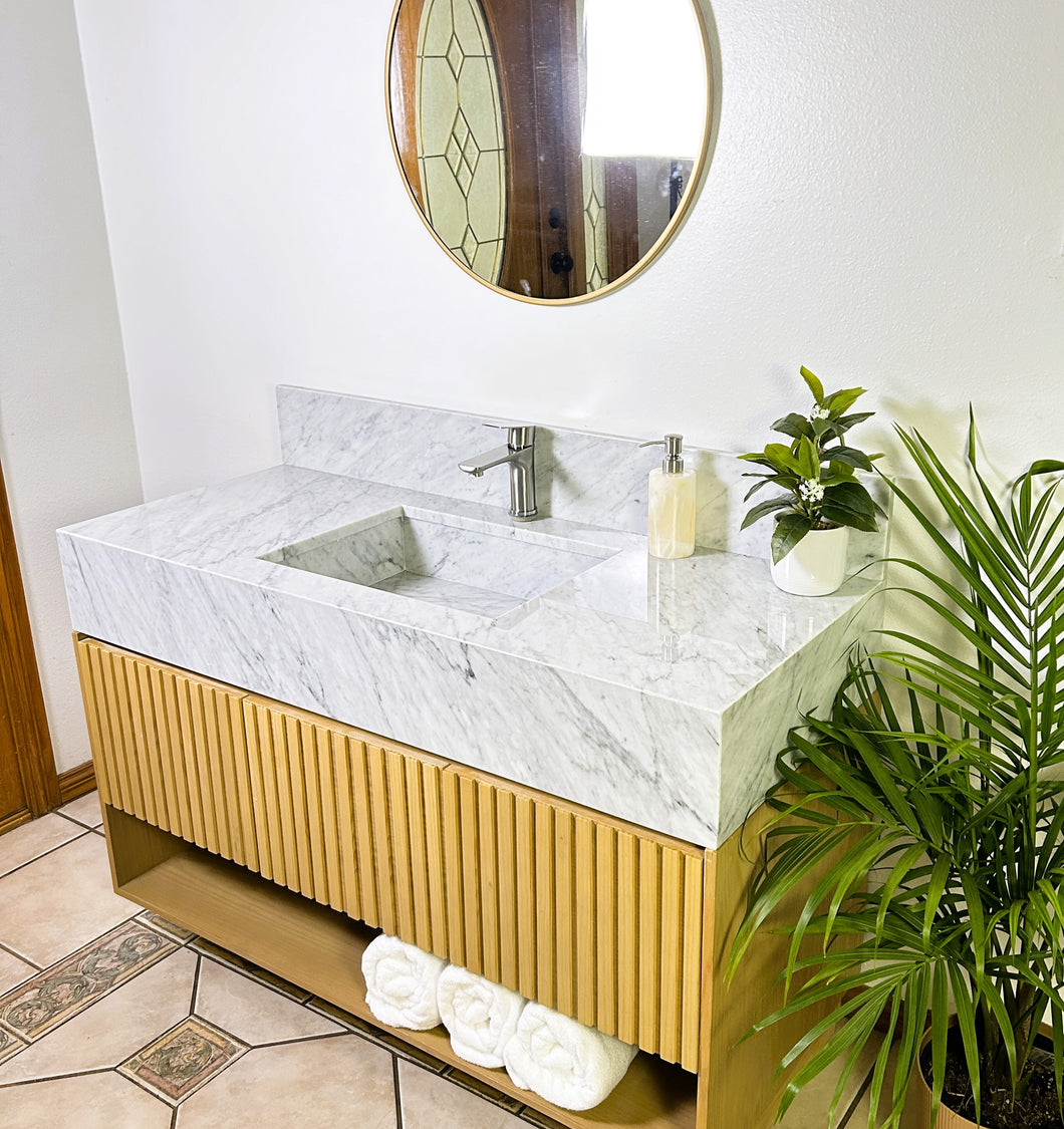 Carrara Marble Vanity Sink & Wood Cabinet