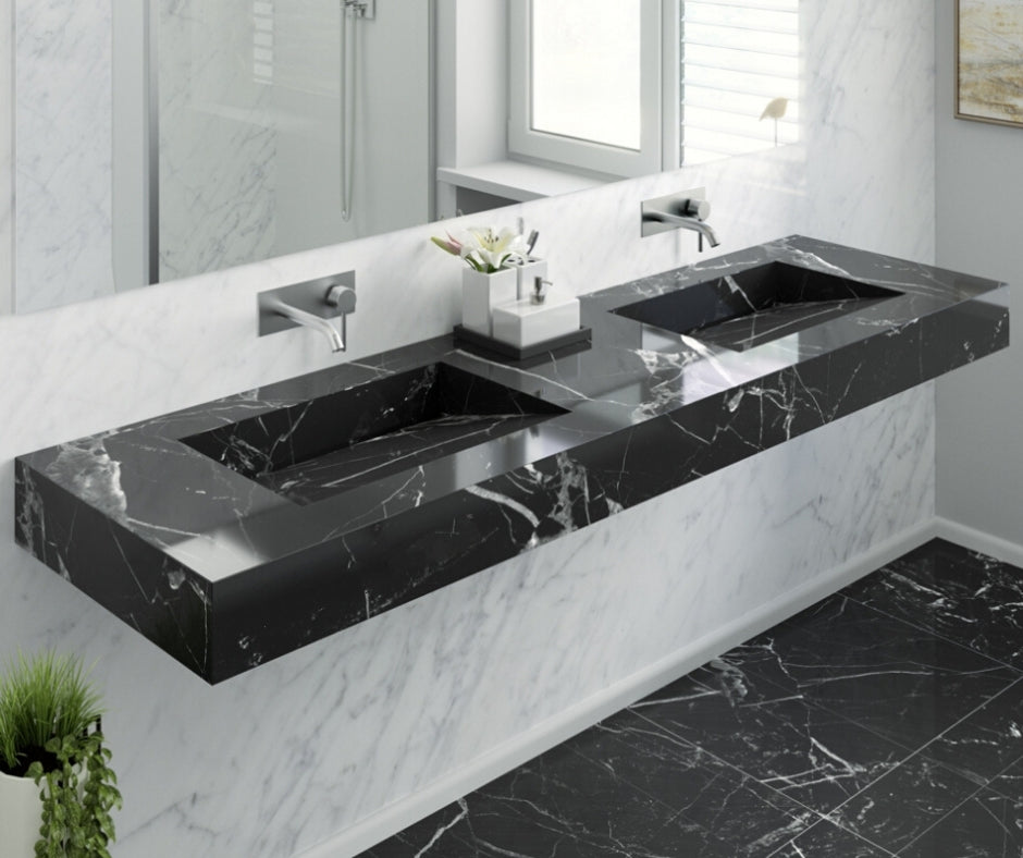 Beautiful Black Marble Countertop Double Basin Sink