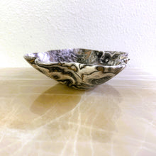 Load image into Gallery viewer, An elegant hand-carved bowl with capricious veins in beige, light brown, and dark brown tones, placed on a marble surface.
