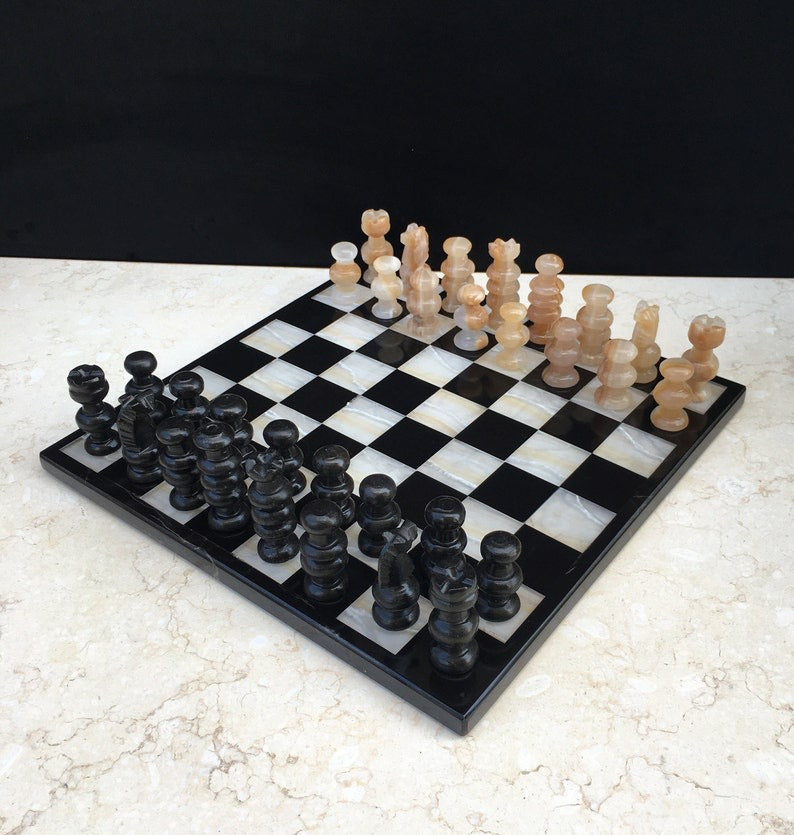 Handmade Onyx Chess Set Beige & Black 13.7