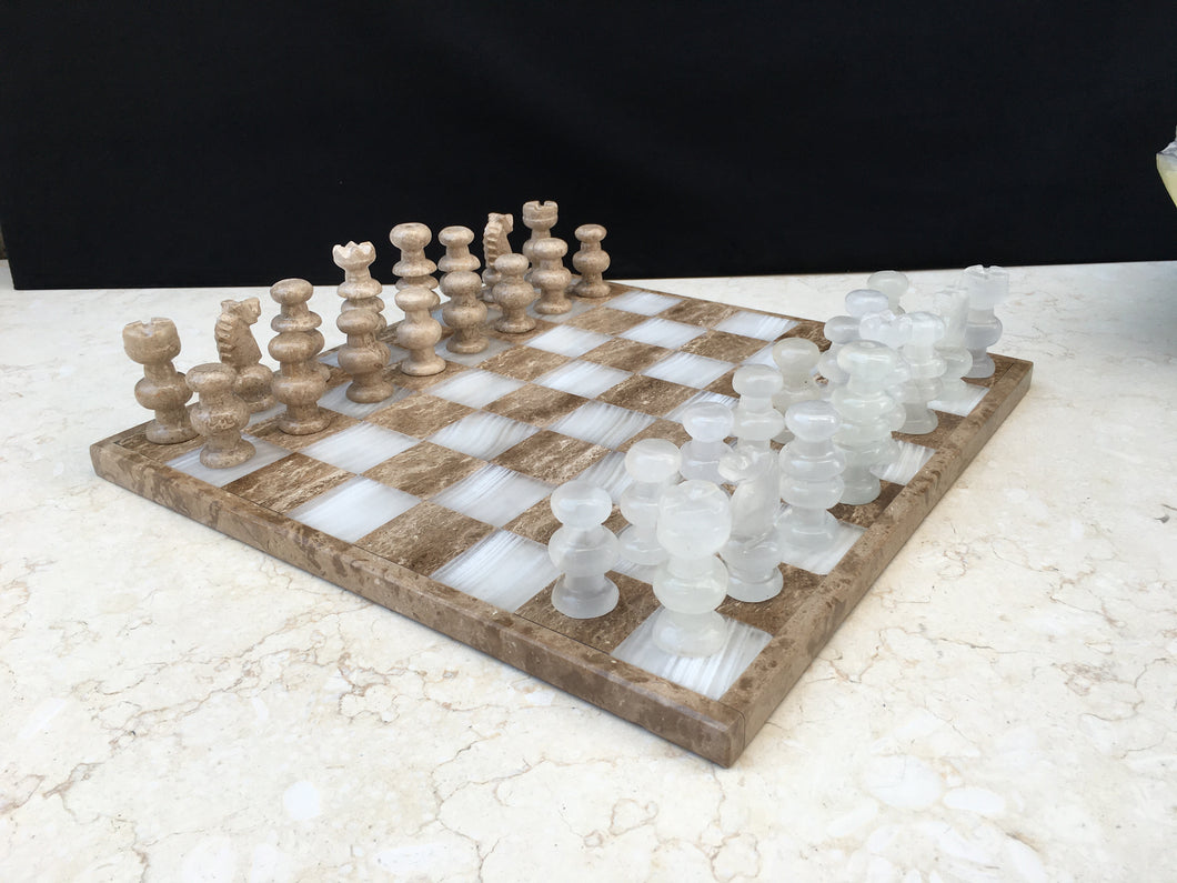 Hand Carved Travertine & White Marble Chess Set
